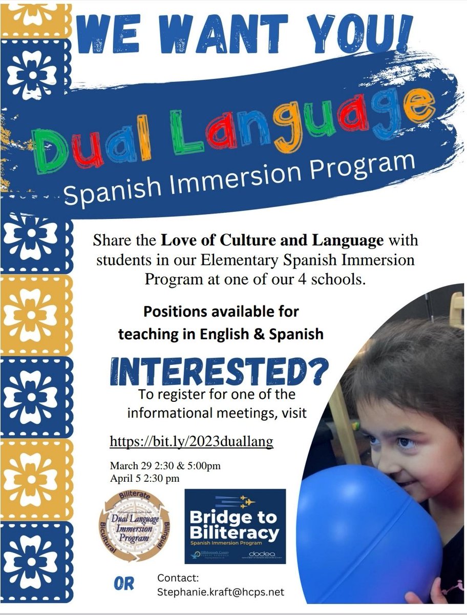 Seeking Dual Language Teachers. Register for our upcoming info event. Bit.ly/2023duallang