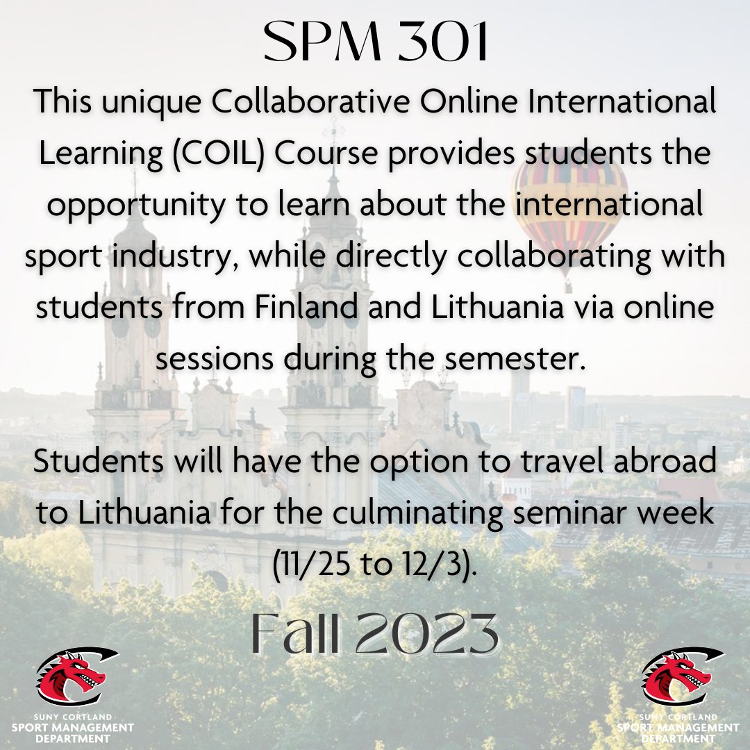 Don't miss out on the international sport management experience of a lifetime. Consider registering for SPM 301 this week. 

Contact Dr. Tara Mahoney if you have questions! 

#internationalsport #COILclass #sportbiz #internationallearning