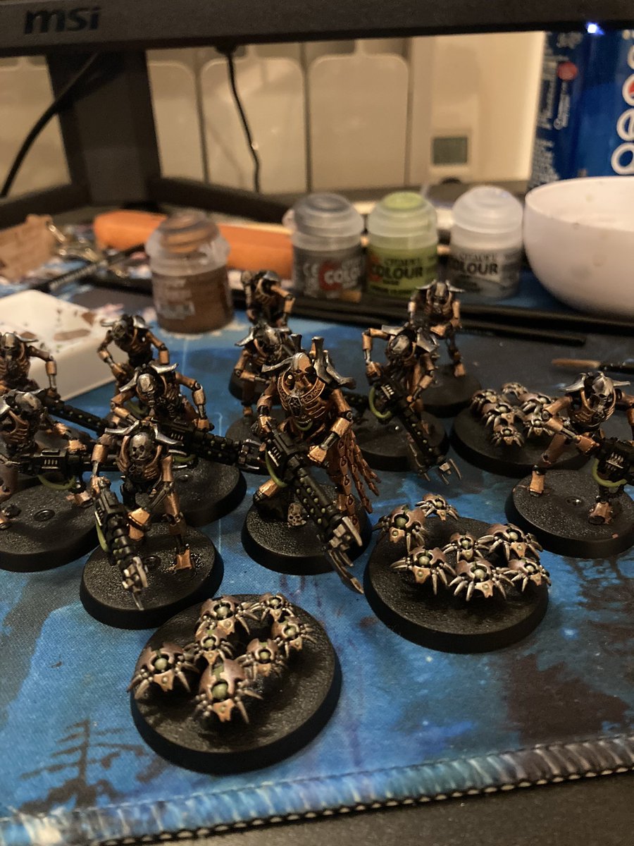 SassyyDragon's tweet photo. The squad looks so much better with a bronze scorpion repaint and necron compound dry brush. The before and after of the scarabs are like night and day. Wtf did I choose that awful flesh colour 🤡 https://t.co/bFjg47eWrd