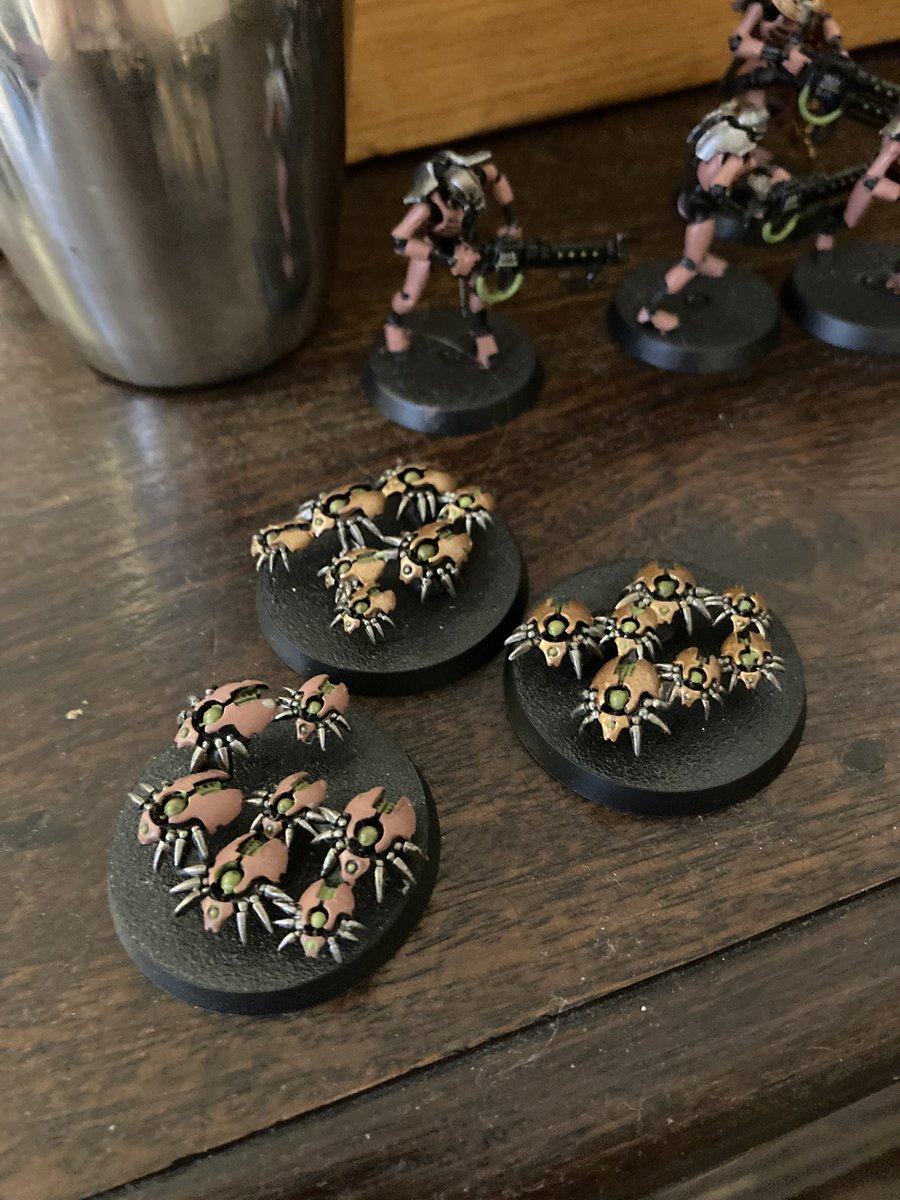 SassyyDragon's tweet photo. The squad looks so much better with a bronze scorpion repaint and necron compound dry brush. The before and after of the scarabs are like night and day. Wtf did I choose that awful flesh colour 🤡 https://t.co/bFjg47eWrd