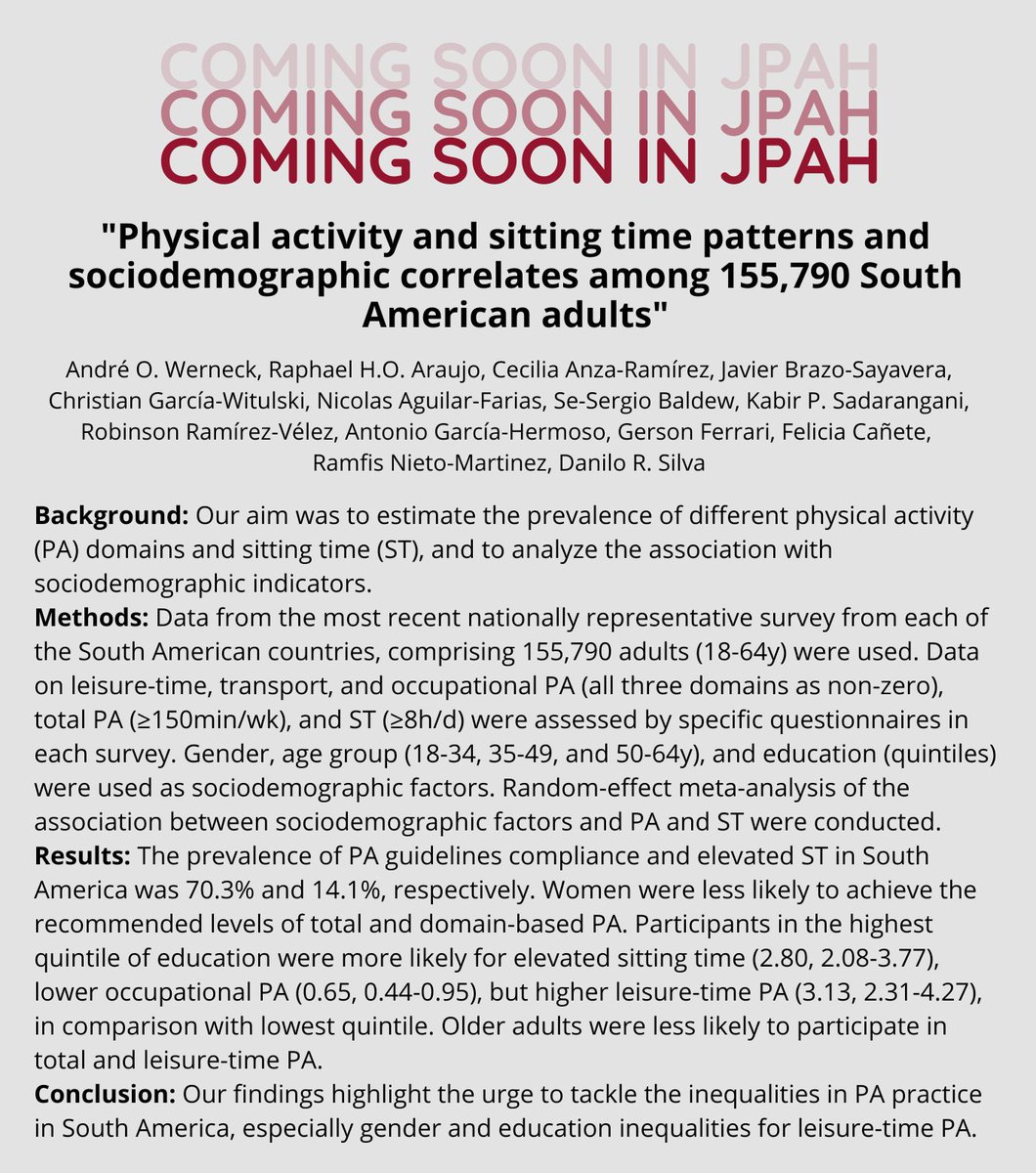 Journal of Physical Activity & Health (@jpahjournal) on Twitter photo New work from <a href="/Andreowerneck/">André Werneck</a>, <a href="/Danilo_RPSilva/">Danilo R. Silva</a> & colleagues provides a whole picture of physical activity across South America that can contribute to the formulation of regional policies to increase physical activity among the most disadvantaged groups. New work from <a href="/Andreowerneck/">André Werneck</a>, <a href="/Danilo_RPSilva/">Danilo R. Silva</a> & colleagues provides a whole picture of physical activity across South America that can contribute to the formulation of regional policies to increase physical activity among the most disadvantaged groups.