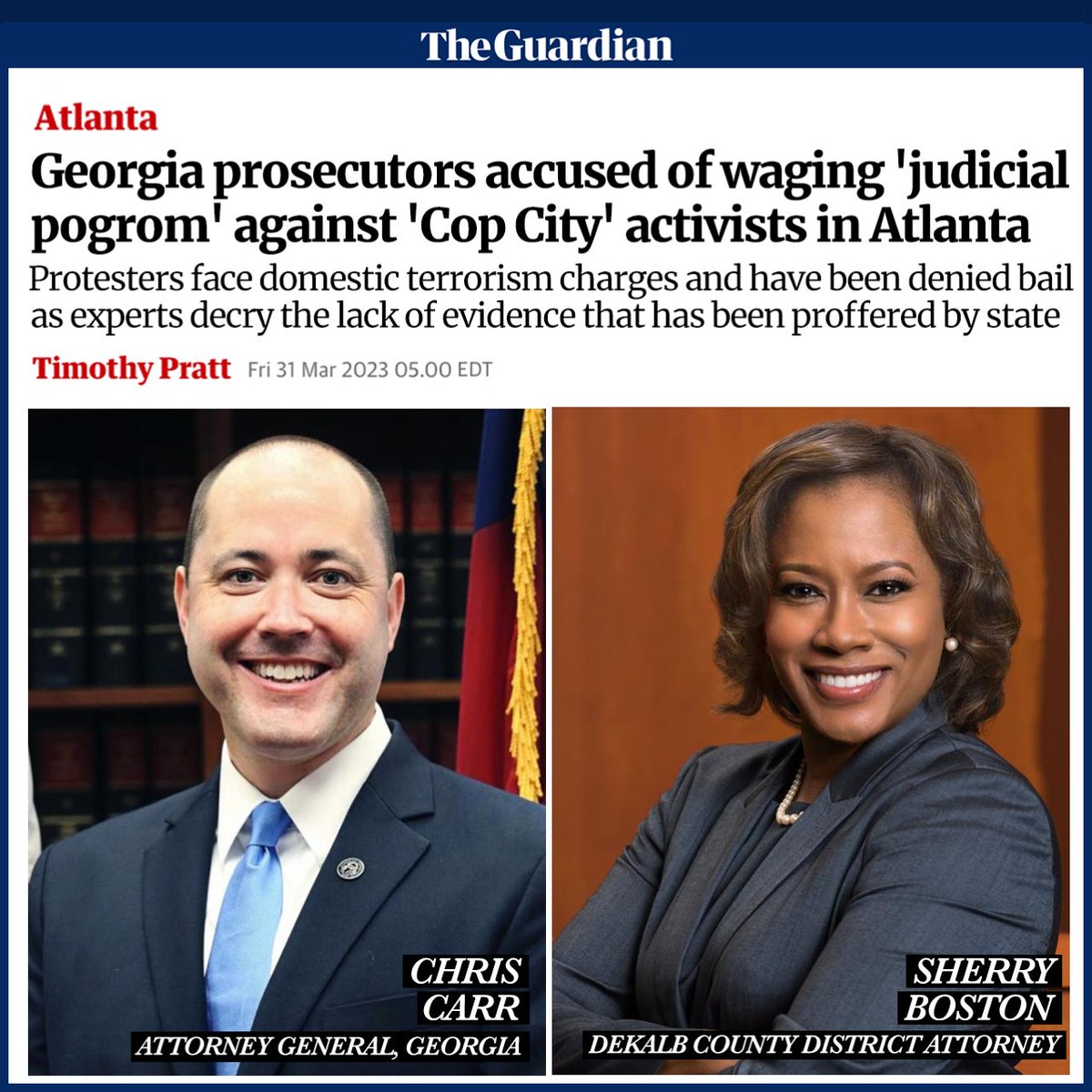 BREAKING: Georgia prosecutors are carrying out a "judicial pogrom" against Cop City protestors now jailed for weeks without trial on baseless "domestic terrorism" charges. The goal is to silence those protesting police abuse.

All human rights violators must be held accountable.
