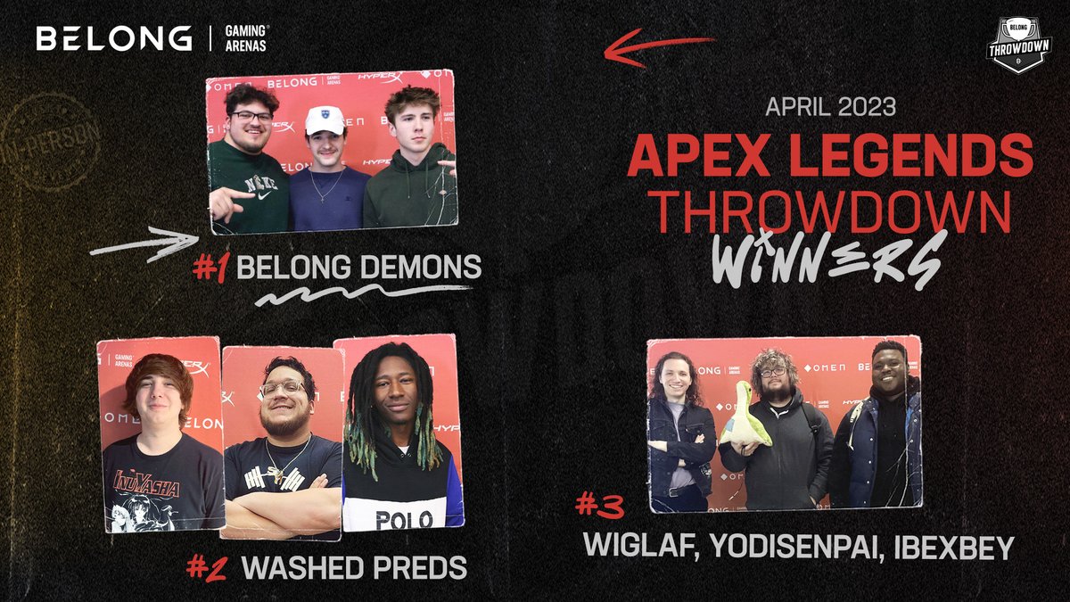 Belong Gaming Arenas (@belongarenas) on Twitter photo Congrats to this month's <a href="/PlayApex/">Apex Legends</a> Throwdown champions!
🥇 Belong Demons
🥈 Washed Preds
🥉 Wiglaf, YodiSenpai, Ibexbey
Don't miss your chance to compete in our next LAN event!
Sign up now to lock-in your spot and save with Early Bird registration:
start.gg/tournament/ape… Congrats to this month's <a href="/PlayApex/">Apex Legends</a> Throwdown champions!
🥇 Belong Demons
🥈 Washed Preds
🥉 Wiglaf, YodiSenpai, Ibexbey
Don't miss your chance to compete in our next LAN event!
Sign up now to lock-in your spot and save with Early Bird registration:
start.gg/tournament/ape…