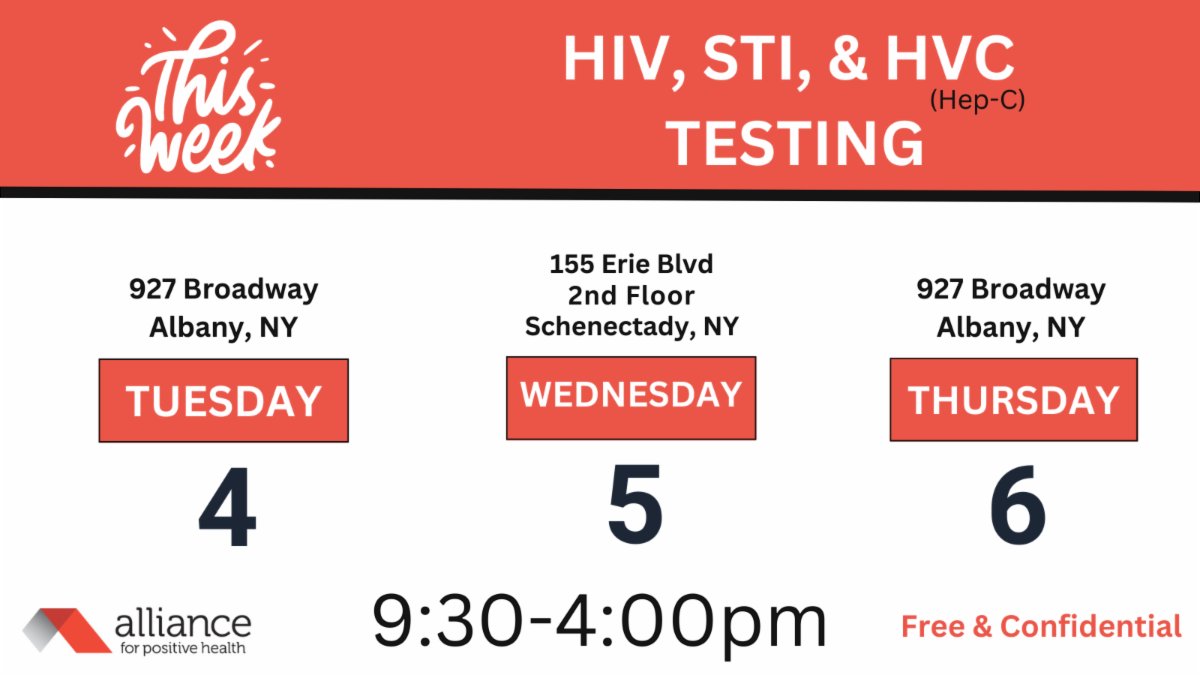 AllianceLGBTQ's tweet photo. Pop into our Albany or Schenectady off this week and #KnowYourStatus
Our HIV, STI. &amp; Hep-C testing are always free and confidential,  accepting walk-in appointments only.  ➡️ 𝟱𝟭𝟴𝗧𝗲𝘀𝘁𝗶𝗻𝗴.𝗰𝗼𝗺

#Albany #Schenectady #HIV #HVC #HepC #STI #Testing #NortheasternNY https://t.co/VuRKYa2ock