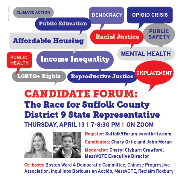 We're looking forward to this forum next Thursday (April 13) at 7 pm with the candidates for the 9th Suffolk special election! Let us know you're coming at suffolk9forum.eventbrite.com. #bospoli #mapoli