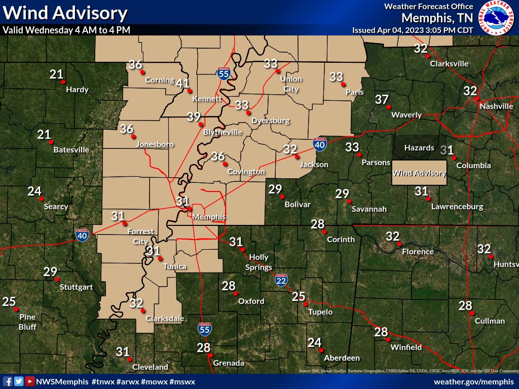 NWSMemphis's tweet photo. A Wind Advisory is effect from 4 AM to 4 PM tomorrow. Wind may gust to 45 MPH. Tie down loose objects or bring them indoors. Severe weather is also possible overnight into tomorrow afternoon. Have multiple ways to receive warnings. Stay weather aware. #tnwx #arwx #mowx #mswx https://t.co/EC7khVLBvA