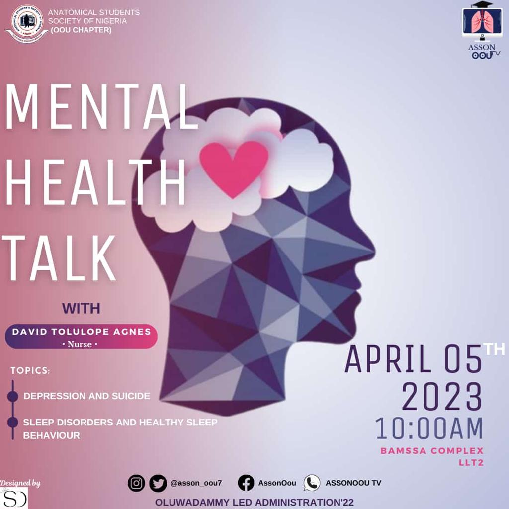 oou_asson7's tweet photo. One of the battles facing we students of this present generation is our mental state. Tomorrow join us @ Lt 2 as a special guest discusses on how we can stabilize our mental health.
Trust me, it will be informative😌🤌🏽
#assonweek’23
#Oluwadammyledadministration’22 #assonoou https://t.co/8oymKjLrLI