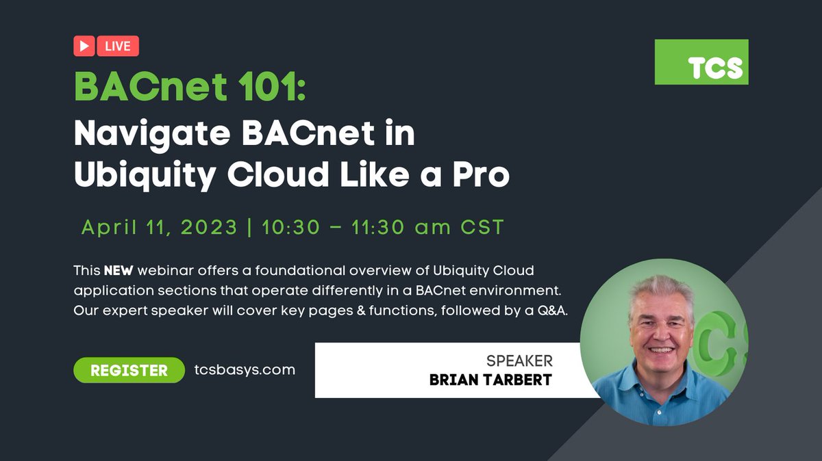 TCSBasys's tweet photo. New webinar alert! Get ready for an introduction to the BACnet capabilities in Ubiquity Cloud on April 11, 2023, at 10:30 am CST. 

Register today and take your building automation strategy to the next level:
https://t.co/ly3NASDxwI

#TheGeniusofSimple #ASHRAE #BACnet https://t.co/6oyzv1nip0