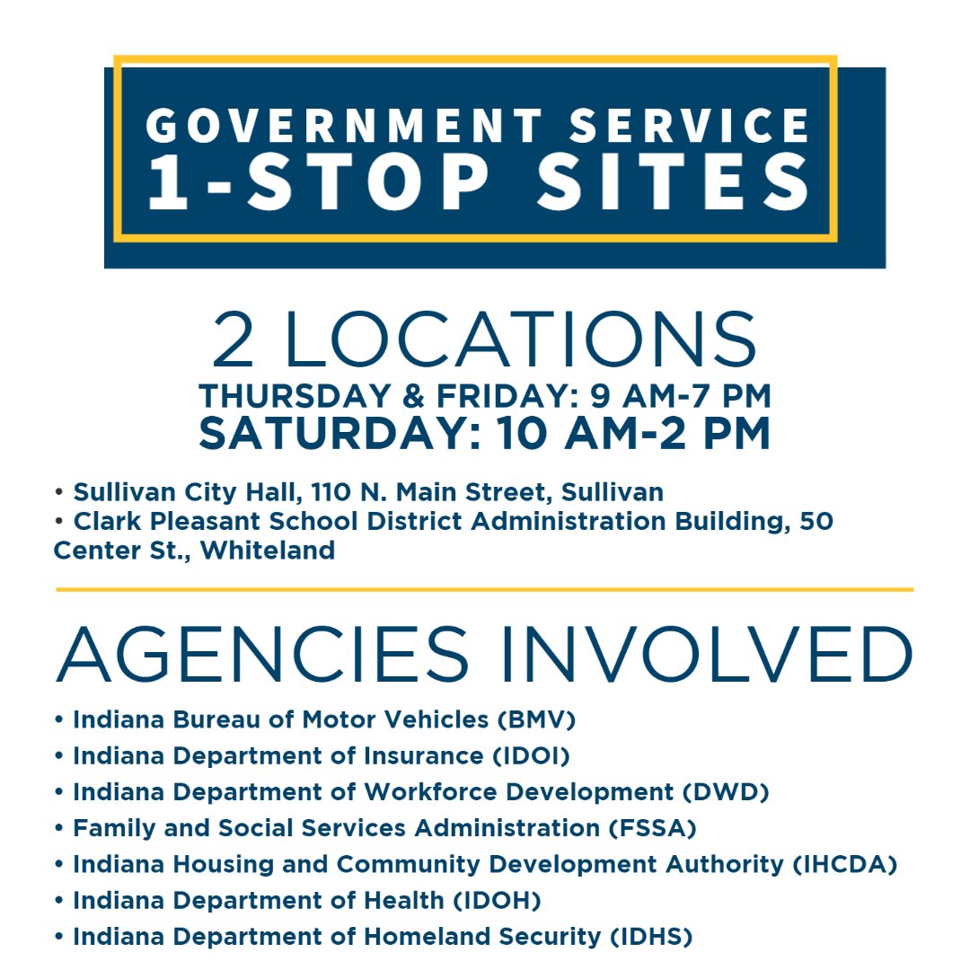 5 counties including Morgan, Monroe, Benton, Owen, and White have been added to the state's disaster declaration request. To help those in need of government services, we are setting up one-stop sites in Whiteland and Sullivan which will operate 9 AM-7 PM TF and 10 AM-2 PM Sat.