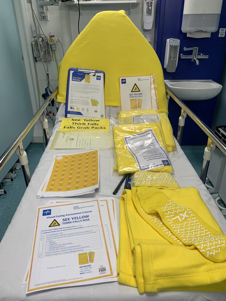 EducationDivB's tweet photo. #SeeYellowThinkFalls this week we’ve launched our new falls awareness strategy in ED! Led by @Isla_Bambury &amp; @HannahwoodPT whenever you see yellow, whether it be socks, blankets or other things, we want our staff to think falls! Thanks to @falls_network for the awesome packs! https://t.co/wJ6Xehw2Fb