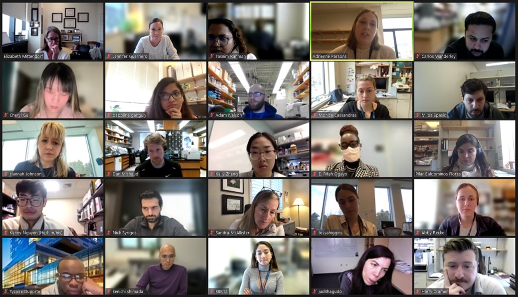 A great joint journal club discussing complex issue in #breastcancer #immunology with powerhouse labs @SandraMcAllist4 @JudithAgudo1 @vangalenlab @EMittendorfMD. Only screenshot I got...we are deep in thought! @DFCI_BreastOnc @BrighamSurgery