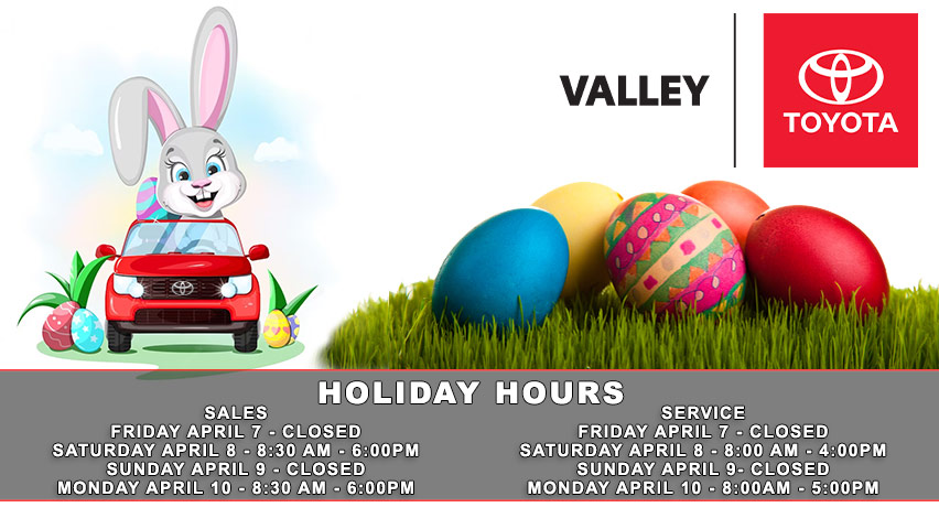 We'll be closed Friday, April 7th for Good Friday.
Have a great long weekend!
#ValleyToyota #chilliwack #chilliwackbc #Toyota #longweekend #happylongweekend #happyeaster