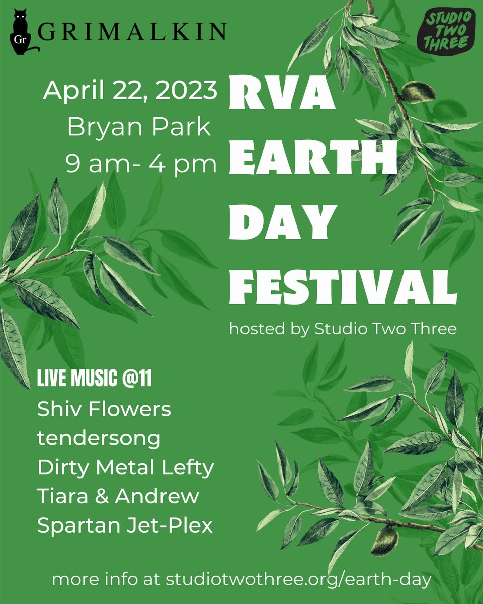 grimalkinmusic's tweet photo. On April 22, join us for RVA Earth Day hosted by @studiotwothree with live music hosted by Grimalkin with Shiv Flowers, @tendersongva, @DirtyMetalLefty, @SongbirdMustafa &amp; Andrew, and Spartan Jet-Plex!
Music 11am-4pm
Lots of other fun all day from 9am-4pm!
https://t.co/X5sJbY1ayV https://t.co/kkwIjjuDH6