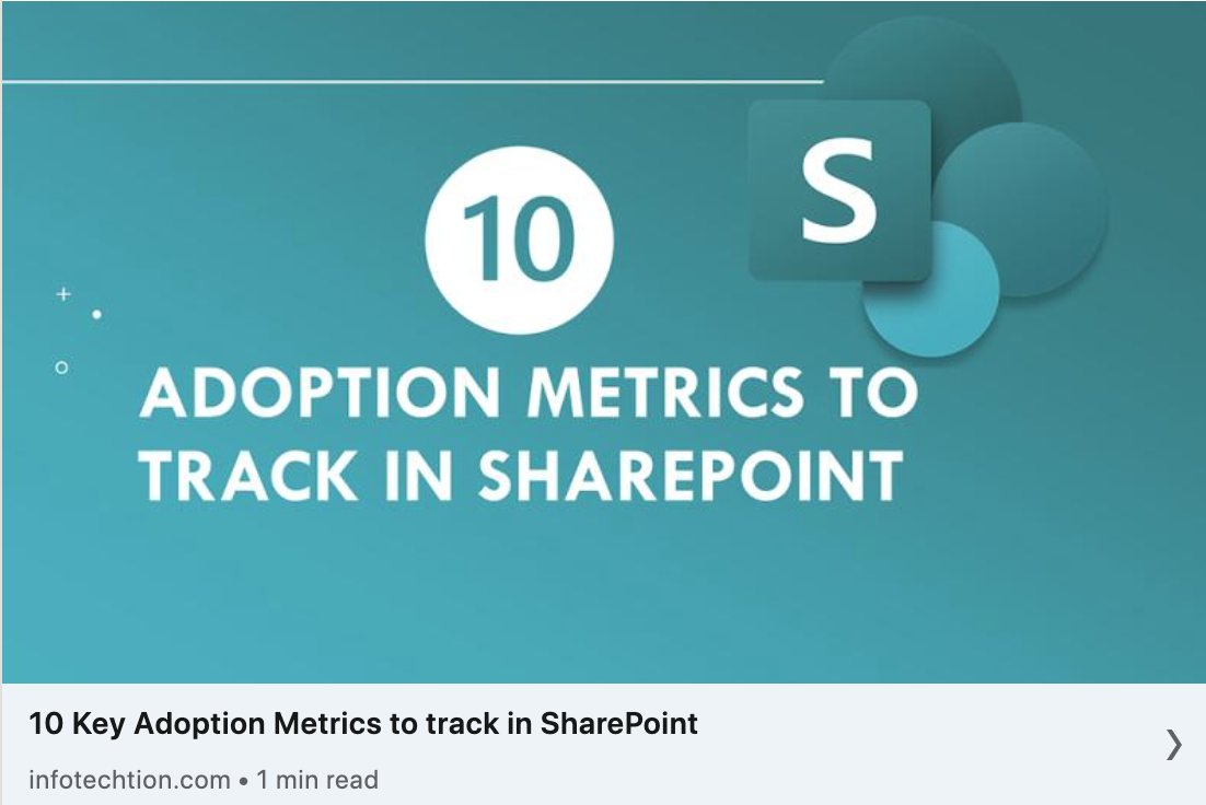 Do you want to learn more about the 10 key adoption metrics that organizations should track in SharePoint? Oda Gyland Lindesteg wrote an awesome blog. She explains it here: lnkd.in/dBpWbbh9.
#sharepoint #changemanagement #useradoption #informationgovernance