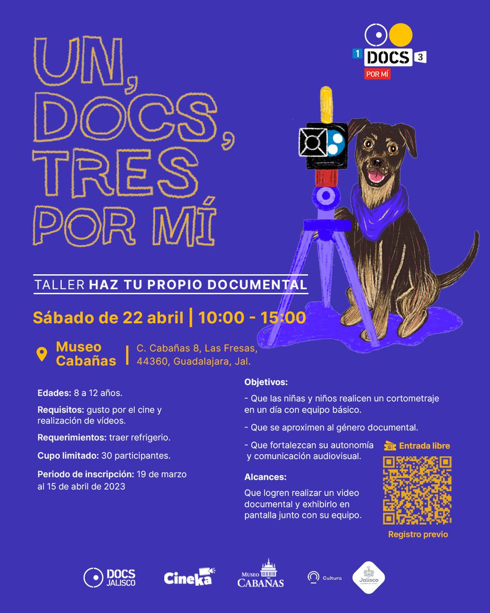 ✨ ¡«Un, docs, tres por mí» llega a #DocsJalisco2023! ✨

Regala a tu pequeña o pequeño la experiencia de hacer un cortometraje documental con nuestro taller de cine para la niñez en <a href="/museocabanas/">Museo Cabañas</a>.

🗓️ Sábado 22 abril
🎟️ Entrada libre.
Registro previo. 
➡️ bit.ly/40XR9Sn