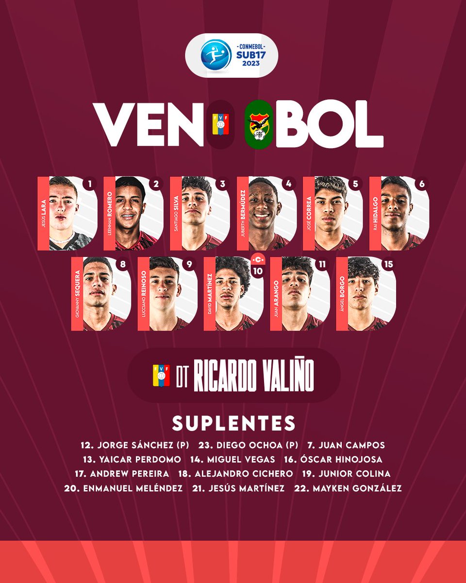 👊🏽 ¡Así saltará a la cancha 𝐋𝐚 𝐕𝐢𝐧𝐨𝐭𝐢𝐧𝐭𝐨 ante Bolivia por el tercer duelo del #ConmebolSub17! 

#SiempreVinotinto 🇻🇪