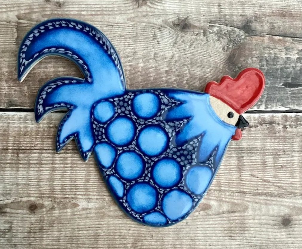 Blue Cockerel in my Etsy shop, link in my bio. Handmade stoneware ceramic wall hanging decoration. #madeinstaffs #ceramics #handmade #makersmovement #womeninbiz #craft #EtsySeller #etsyfinds #chickens #pottery #smallbiz #creative #madeinuk