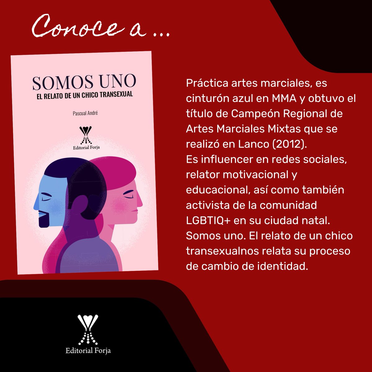 ForjaEd's tweet photo. Te invitamos a conocer un poco más de Pascual André, autor de "Somos Uno", libro que aborda su proceso de cambio de identidad. @EditorialesCL https://t.co/OsFoyt4Ub2