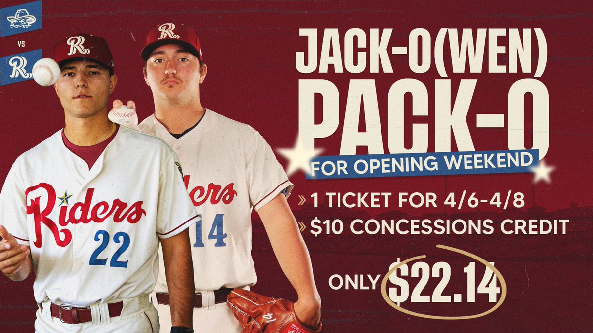 Frisco RoughRiders (@ridersbaseball) on Twitter photo #22 <a href="/jackleiter22/">jack leiter</a> and #14 <a href="/owen_white4/">Owen White</a> are Thursday and Friday’s starting pitchers!
In honor of their starts, we’re offering a ticket for Opening Weekend + a $10 concessions credit for just $22.14.
Use code JACKOPACKO at checkout: bit.ly/3GhY8NU #22 <a href="/jackleiter22/">jack leiter</a> and #14 <a href="/owen_white4/">Owen White</a> are Thursday and Friday’s starting pitchers!
In honor of their starts, we’re offering a ticket for Opening Weekend + a $10 concessions credit for just $22.14.
Use code JACKOPACKO at checkout: bit.ly/3GhY8NU