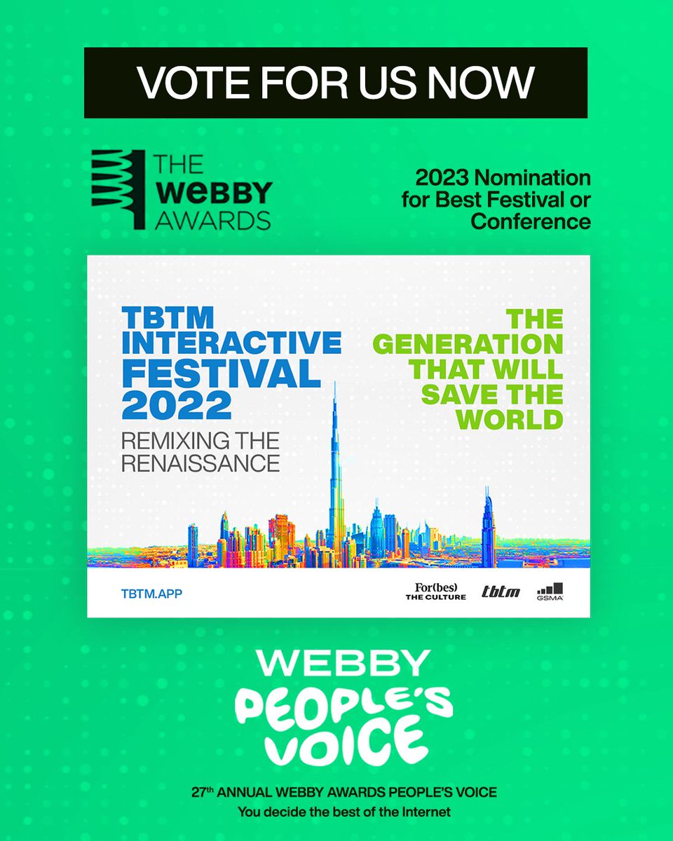 Please #VOTE for the #TBTM Interactive Festival 2022 to win a Webby for Best Conference or Festival. We are up against global juggernauts like the BBC &amp; the Atlantic, so we need your vote! tinyurl.com/VoteTBTM