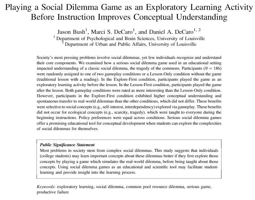 APADivision3's tweet photo. #Div3Feature: Most societal problems stem from social dilemmas. Students may learn concepts about these dilemmas better if they first explore those concepts by playing a game which simulates the real-world dilemma.
By Bush, DeCaro, & DeCaro in JEP: Applied
https://t.co/0I8rQDs1oI https://t.co/3pIRbOF0Ct
