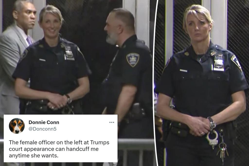 nypost's tweet photo. ‘Hot’ officer at Donald Trump’s arraignment sets hearts afire: ‘She can handcuff me’ https://t.co/SkCQV17HWN https://t.co/23NCcKy8ri