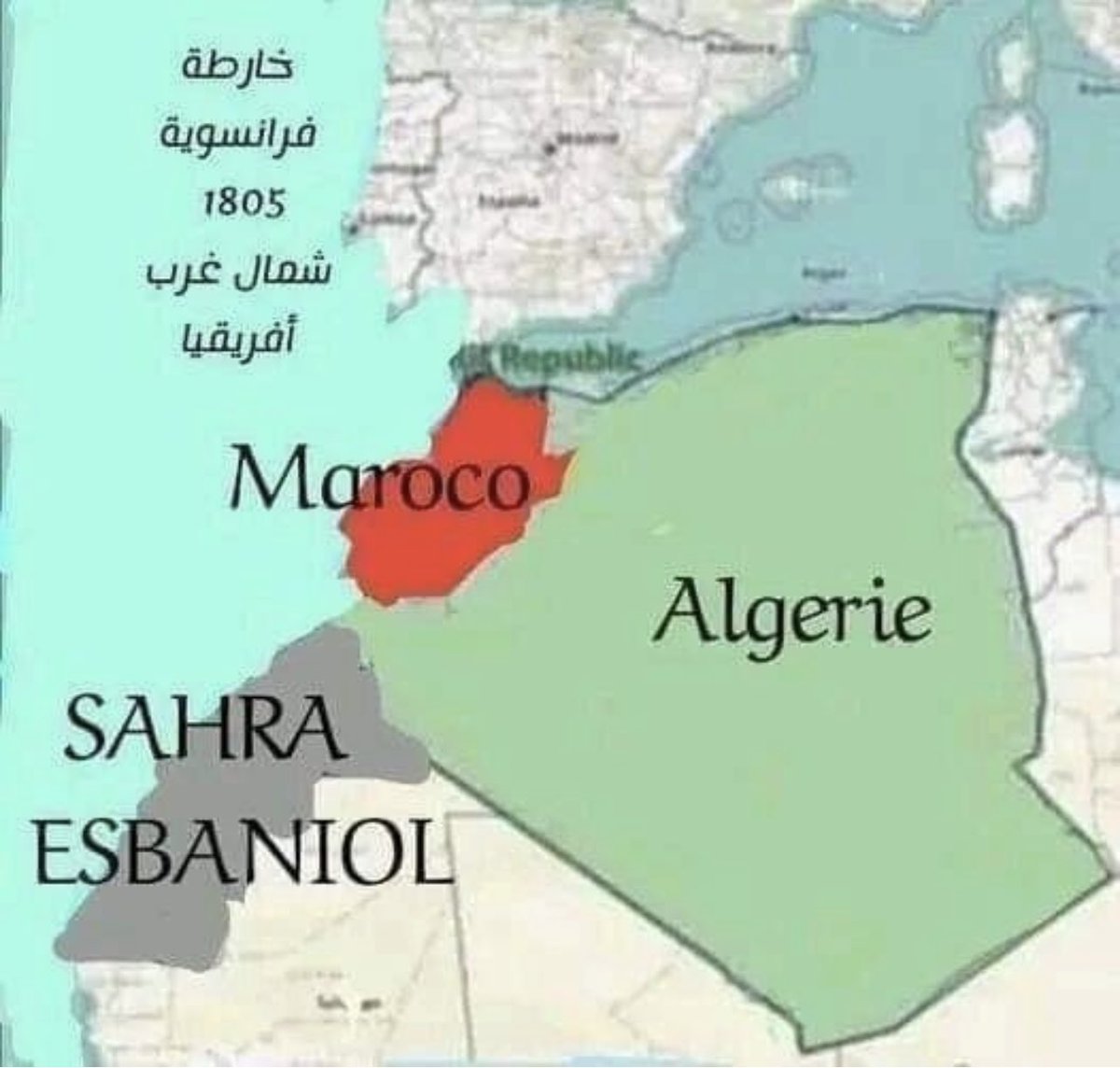ammorm's tweet photo. ممكن أن تصدق خرافات الانترنت والفوتوشوب وبقية الهراء، ولو في إطار Wishful thinking من باب تحقيق ما لم يكن ولن يكون أبدا ما دام على وجه الأرض مغربي واحد. 

المشكلة حين لا تجد غضاضة في قبول الفظاعة اللغوية لمصطلح "Sahra Esbaniol" علما أن الاسبان بالP لم يحتلوا الصحراء حتى بداية القرن العشرين، وكذلك تجهل بدون شك أن التسمية الفرنسية البادية وسط الصورة لم تبتدع حتى عام 1837. 

نصيحة: راجع الاطلس الفرنسي لعام 1905 بعد قرن افتراضي من الخريطة الكوميدية أدناه، وتأكد كما تفرض أبجديات المهنة التي أضحت مهنة من لا مهنة له. 

بكل صدق أشعر بالأسى. 

اقتراح: ما دمت وصلت للمحيط الأطلسي خذ مراكش أيضا خصوص��ا وأن الدنيا ربيع والجو بديع.