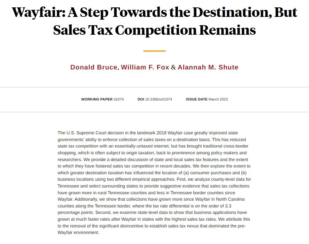 States have recently moved towards destination-based sales taxes but the potential for harmful tax competition remains, including along state borders and for business locations, from <a href="/DonBruceTN/">Don Bruce</a> <a href="/UTBillfox/">Bill Fox</a> and Alannah M. Shute nber.org/papers/w31074