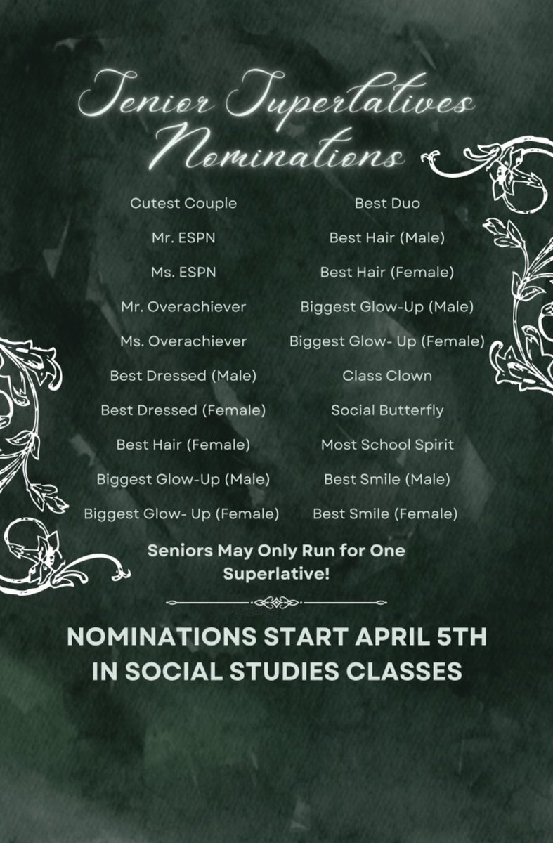 This years superlatives! Nominations will be on April 5th in Social Studies classes.
