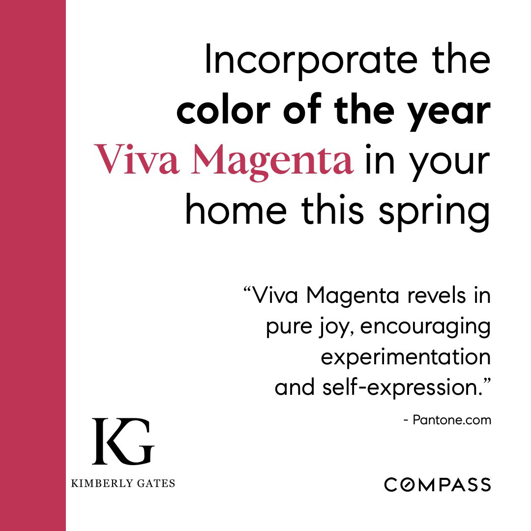 Gateski's tweet image. "Viva Magenta revels in pure joy, encouraging experimentation and self-expression" - Pantone.com

#MarchMagenta #SpringInterior #Homeowners #Homebuyers #KimberlyGates #BayAreaRealEstate #OaklandRealtors #CompassAgent