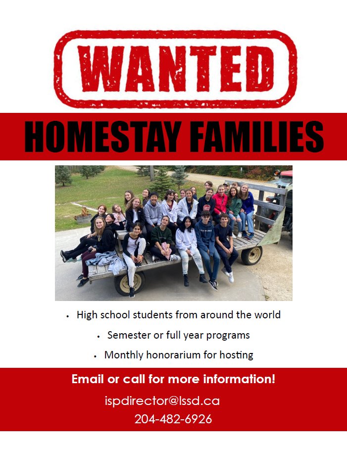 LordSelkirk_SD's tweet image. The International Student Program is looking for families to host their upcoming group of International students arriving September 2023.
Contact Rosalyn or Krystal for more information!
ispdirector@lssd.ca or 204-482-6926