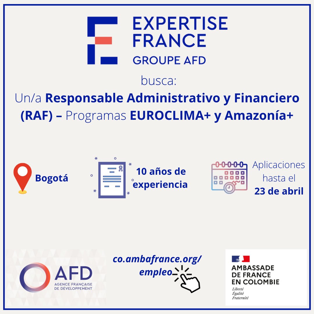 France_Colombia's tweet photo. #TrabajoSíHay #BoostEmploi
.@expertisefrance, del grupo @AFD_es, busca dos nuevos colaboradores:
-Responsable Administrativo y financiero: https://t.co/kAWqRxj39x
-Asistente de proyectos: https://t.co/XzoAOdarod
⚠️ Hasta el 23/04.
#Convocatoria
#FranciaEnColombia 🇫🇷🤝🇨🇴 https://t.co/0yDPUnPbnB