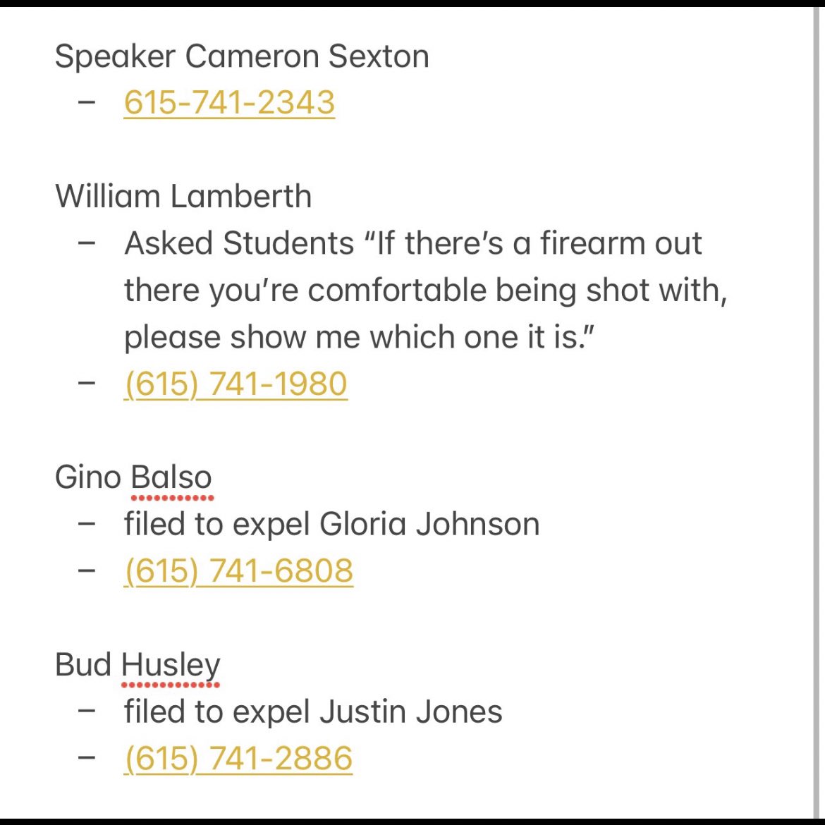 davidhogg111's tweet photo. ‼️⚠️TENNESSEE CALL TO ACTION ⚠️‼️

The bill in Tennessee to expel lawmakers for protesting with students and gun control advocates will be put up for a vote THURSDAY. 

Call these people and make your opinion known!!! https://t.co/fPZs4OXtSE