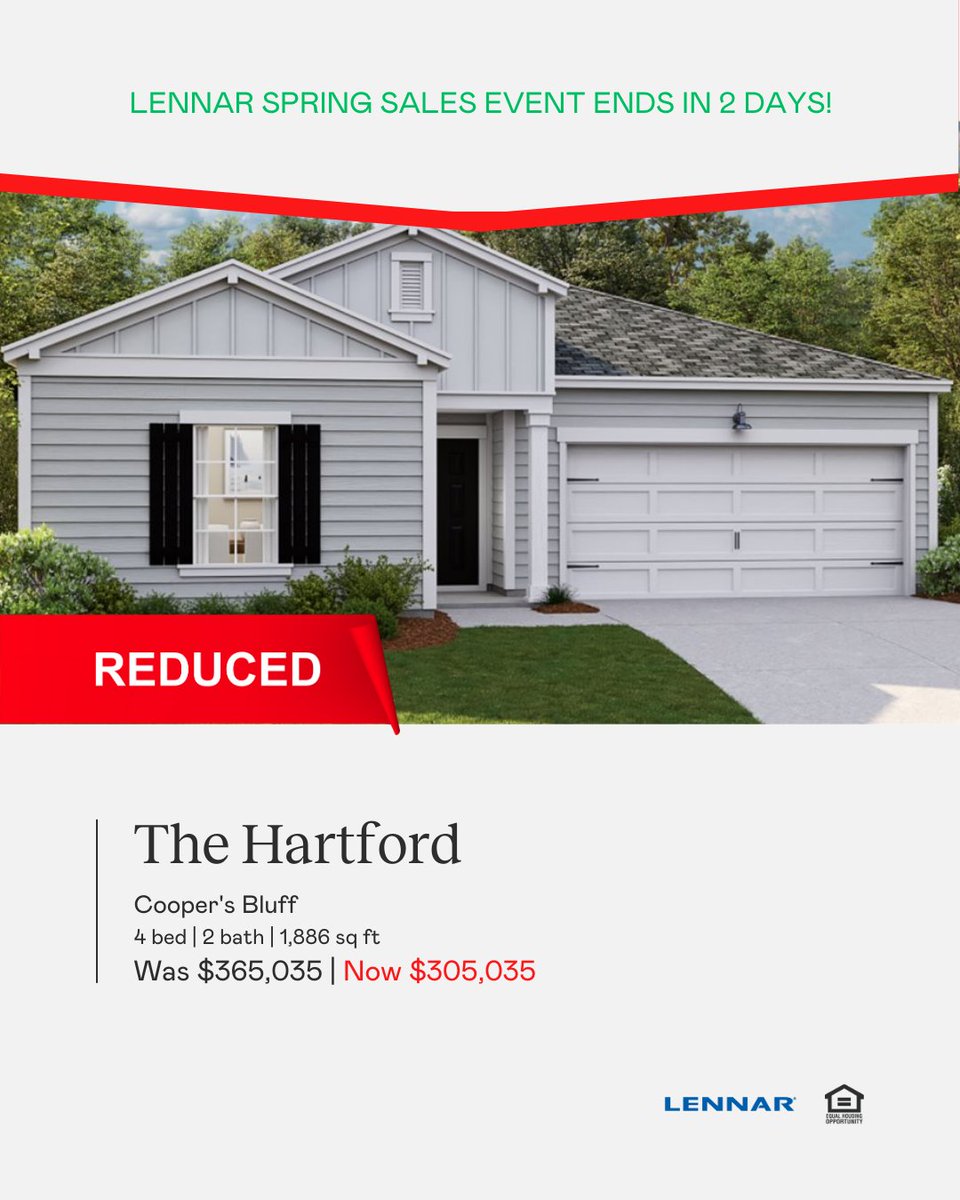 LennarMyrtleBch's tweet photo. ⭐ SAVE $60,000 on 285 Timber Oaks Drive in Cooper's Bluff! This single-story open space layout features 4 bedrooms, 2 baths and a tucked away owner's suite for extra privacy! 🏡 

Call/text now 843-471-9814 to schedule a tour! https://t.co/SDayQjoWsC