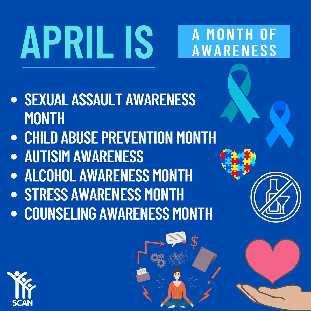 SCANLaredo's tweet photo. April is a very BUSY month for awareness! 💙
Support your local organizations in bringing awareness to our community! 🤝
#SCANLaredo #HolaLaredo #Laredotexas #heretohelp #webbcounty #awareness #SAAM #Sexualassaultawarenessmonth #endviolence #endrapeculture #childabuseawareness https://t.co/VJl82IxpDp
