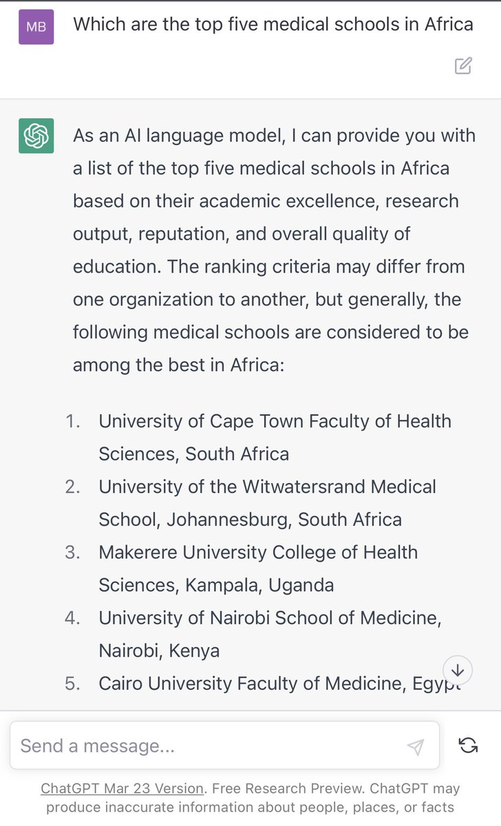 ChatGPT ranking of Africa’s top 5 medical schools.  <a href="/MakerereCHS/">Makerere University College of Health Sciences</a> 
<a href="/MakCHS_SOM/">Makerere University School of Medicine</a> comes in third place. Keep up the excellence