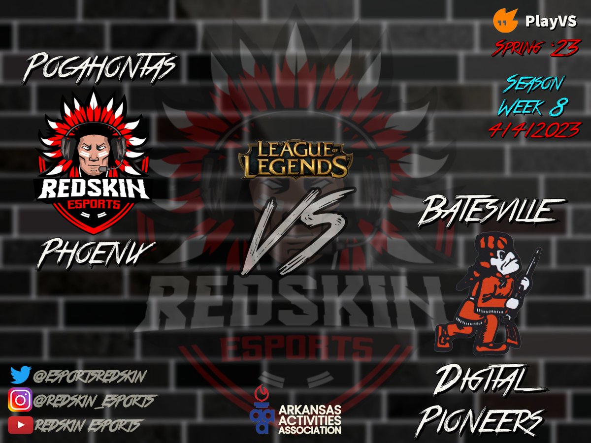 Pocahontas Phoenix vs Batesville Digital Pioneers. #18 vs #16. A win here may clinch us a Spring '23 <a href="/playvs/">PlayVS</a> <a href="/ArkActAssn/">Arkansas Activities Association</a> Playoff birth. LIVE at 4pm at bit.ly/3SCczS4

#LeagueOfLegends #esports #highschoolesports