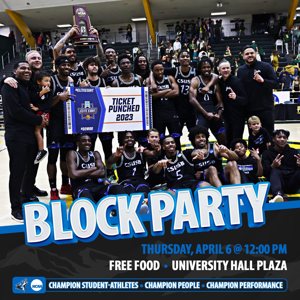 Come out to University Hall Plaza at 12:00 PM this Thursday to celebrate the most successful team in <a href="/CSUSBMBB/">Cal State San Bernardino Men’s Basketball</a> history! 

There will be FREE FOOD, listen to the coaches reflect on the season, and get autographs from the student-athletes!

#10TEAMSONEPACK