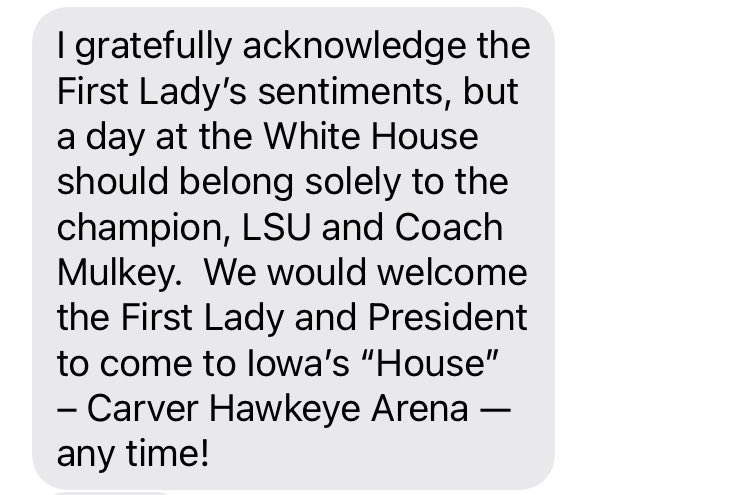 ChadLeistikow's tweet photo. Statement via text from Iowa women’s basketball coach Lisa Bluder about White House chatter. https://t.co/KAYb5ZXgAi
