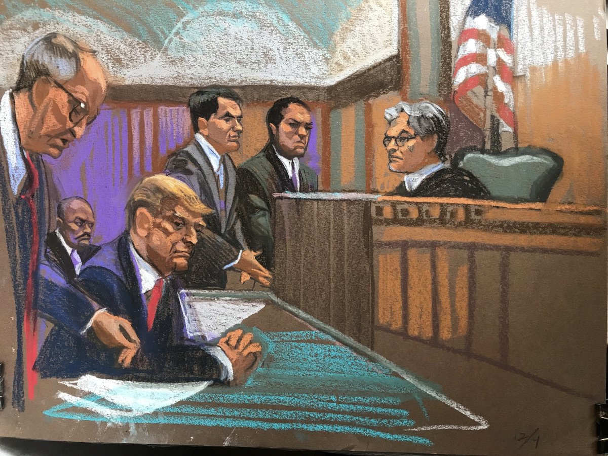 NBCNews's tweet image. A courtroom sketch shows former President Trump with his lawyers as prosecutors outlined their case against him. nbcnews.to/3KeLKj0

🎨: Christine Cornell