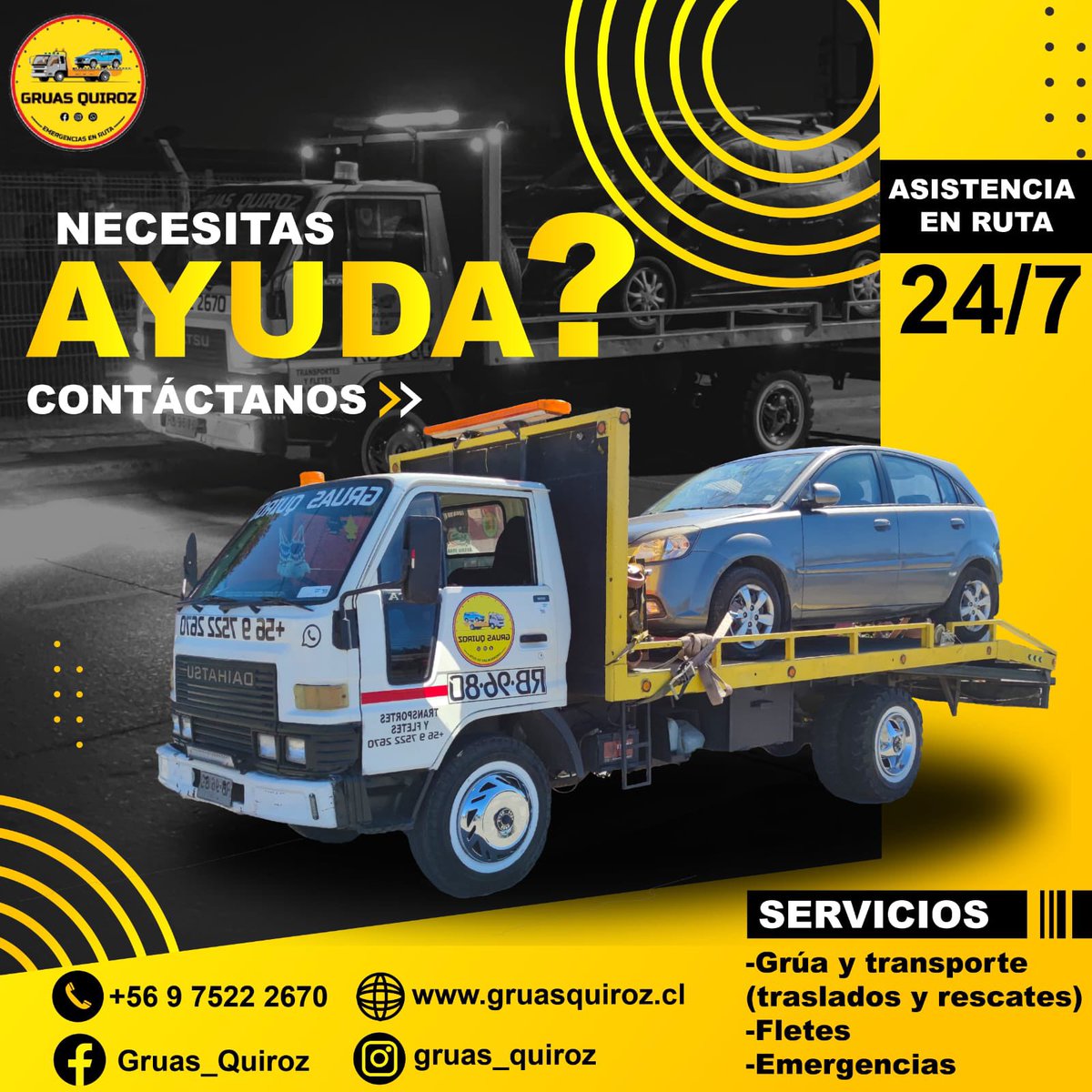 tet_planeta's tweet photo. 🟡Necesitas 
AYUDA?
Gruas Quiroz es la SOLUCIÓN 
#SERVICIOS
🟡Grúa - Transporte
🟡Traslados
🟡Emergencias 
🟡Fletes
#ATENCION inmediata 24/7
📲 +56975222670

#BUSCANOS en nuestras redes sociales.
🟦FACEBOOK https://t.co/JMQqtnTa28

🟪INSTAGRAM https://t.co/Xs5f7sXbOF https://t.co/LtpC3Xfqo3
