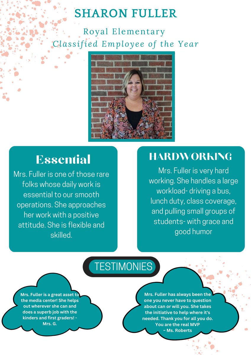 Royal Elementary would like to Congratulate  Mrs. Fuller for being our 2022-2023 Classified Elementary of the Year!