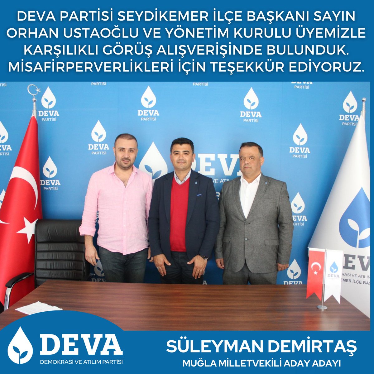 SlymnDmrts48's tweet photo. Deva Partisi Seydikemer İlçe Başkanı Sayın Orhan Ustaoğlu ve yönetim kurulu üyemizle karşılıklı görüş alışverişinde bulunduk. Misafirperverlikleri için teşekkür ediyoruz.
#deva #devapartisi #devageliyor #devamugla https://t.co/WDmhNLPdEl