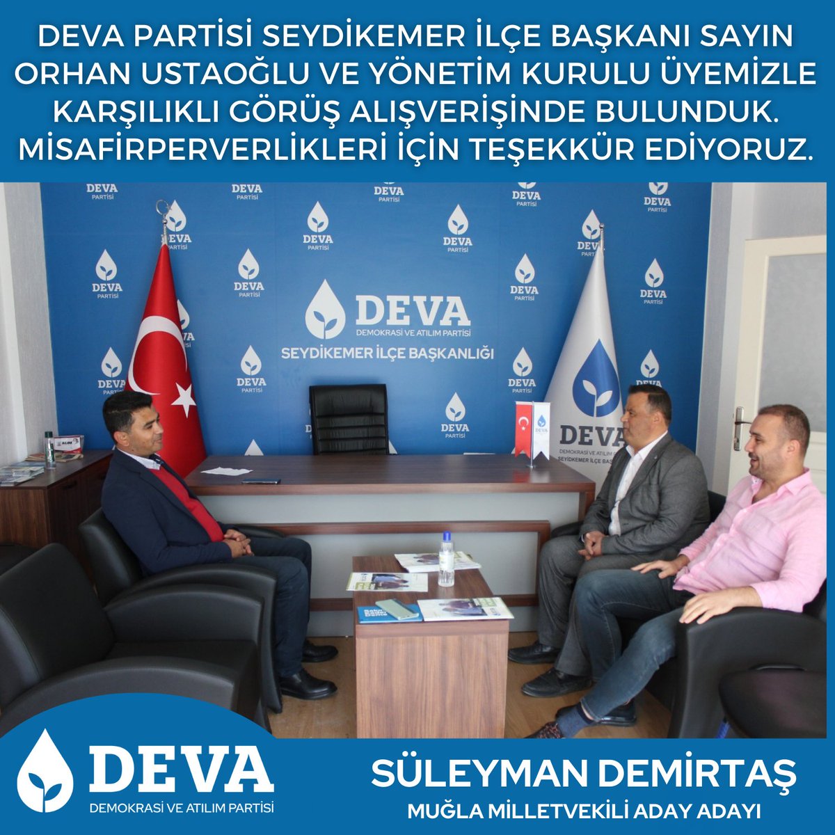 SlymnDmrts48's tweet photo. Deva Partisi Seydikemer İlçe Başkanı Sayın Orhan Ustaoğlu ve yönetim kurulu üyemizle karşılıklı görüş alışverişinde bulunduk. Misafirperverlikleri için teşekkür ediyoruz.
#deva #devapartisi #devageliyor #devamugla https://t.co/WDmhNLPdEl