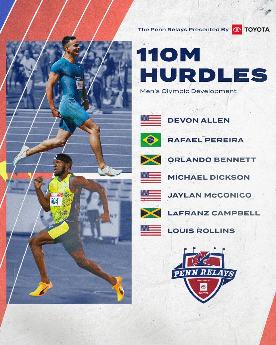 𝗬𝗢𝗨 𝗗𝗢𝗡'𝗧 𝗪𝗔𝗡𝗧 𝗧𝗢 𝗠𝗜𝗦𝗦 𝗧𝗛𝗜𝗦!

Check out the field for the OD Men's 110m Hurdles at the #2023PennRelays presented by <a href="/Toyota/">Toyota USA</a>!

Full details on the group⤵️
📰bit.ly/3zuvFAO
🎟️bit.ly/36UNgrb