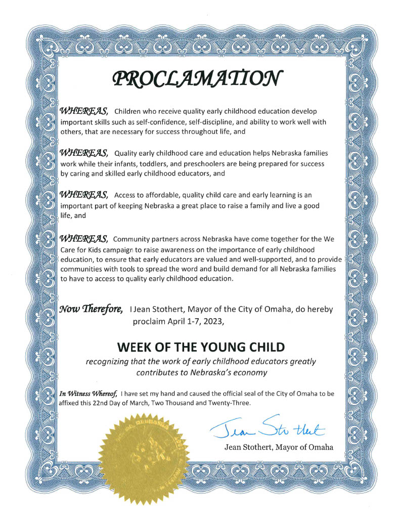 Nebraska Early (@nebraskaearly) on Twitter photo As part of the <a href="/WeCareforKidsNE/">We Care for Kids</a> campaign, we requested a proclamation from the mayor's office designating April 1–7 as Week of the Young Child in Omaha. Our declaration has officially been signed & sealed by Mayor Stothert! 🎉 #WOYC23 As part of the <a href="/WeCareforKidsNE/">We Care for Kids</a> campaign, we requested a proclamation from the mayor's office designating April 1–7 as Week of the Young Child in Omaha. Our declaration has officially been signed & sealed by Mayor Stothert! 🎉 #WOYC23