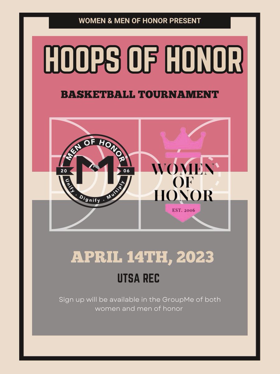 UTSAMenofHonor's tweet image. Join us April 14th 7:00pm for our first ever Hoops of Honor event with our sisters Women of Honor, to participate rsvp link will be in the GroupMe!!! ⛹🏾⛹🏽‍♀️