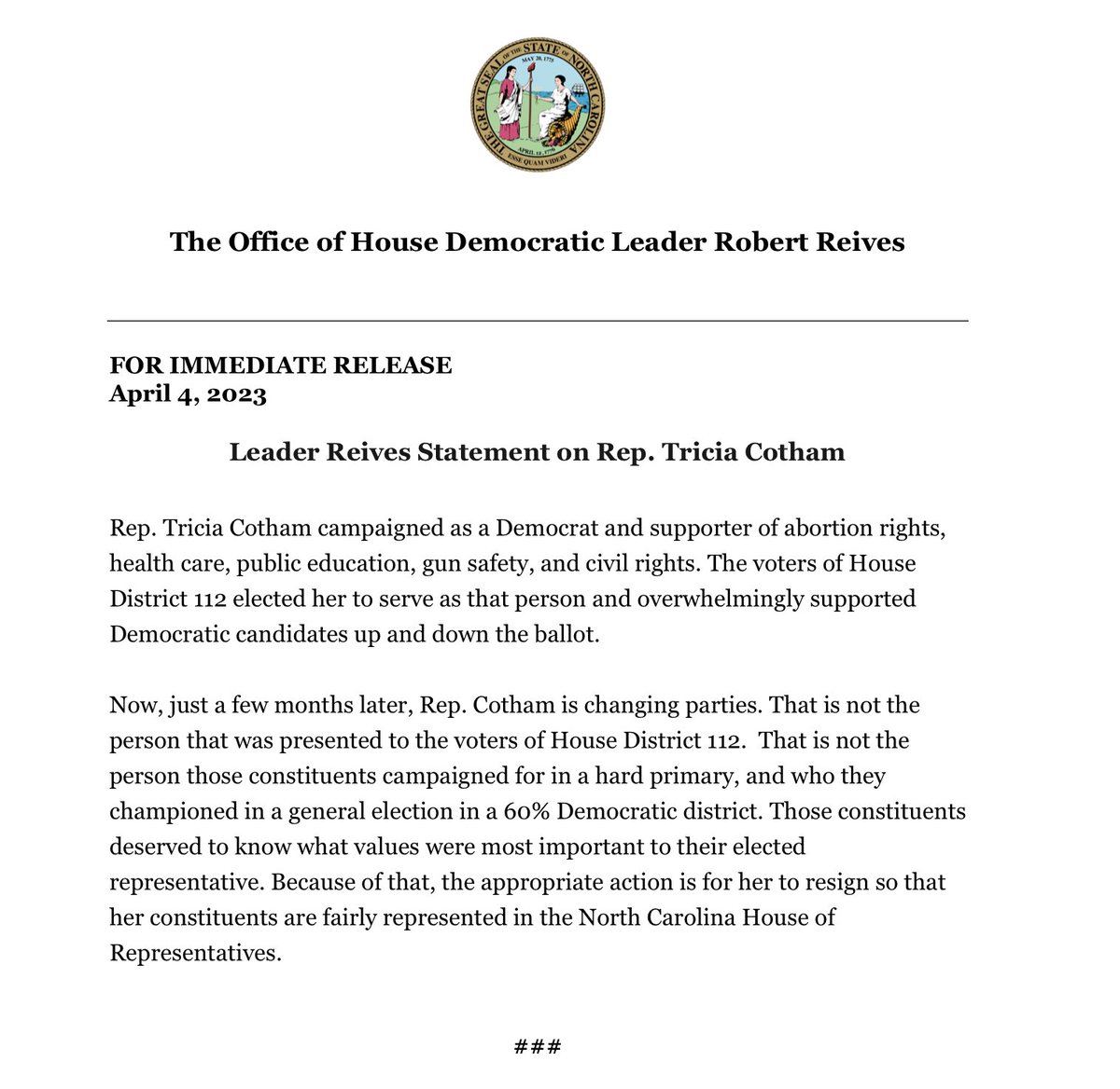 See Leader Reives' statement: #ncpol #ncga