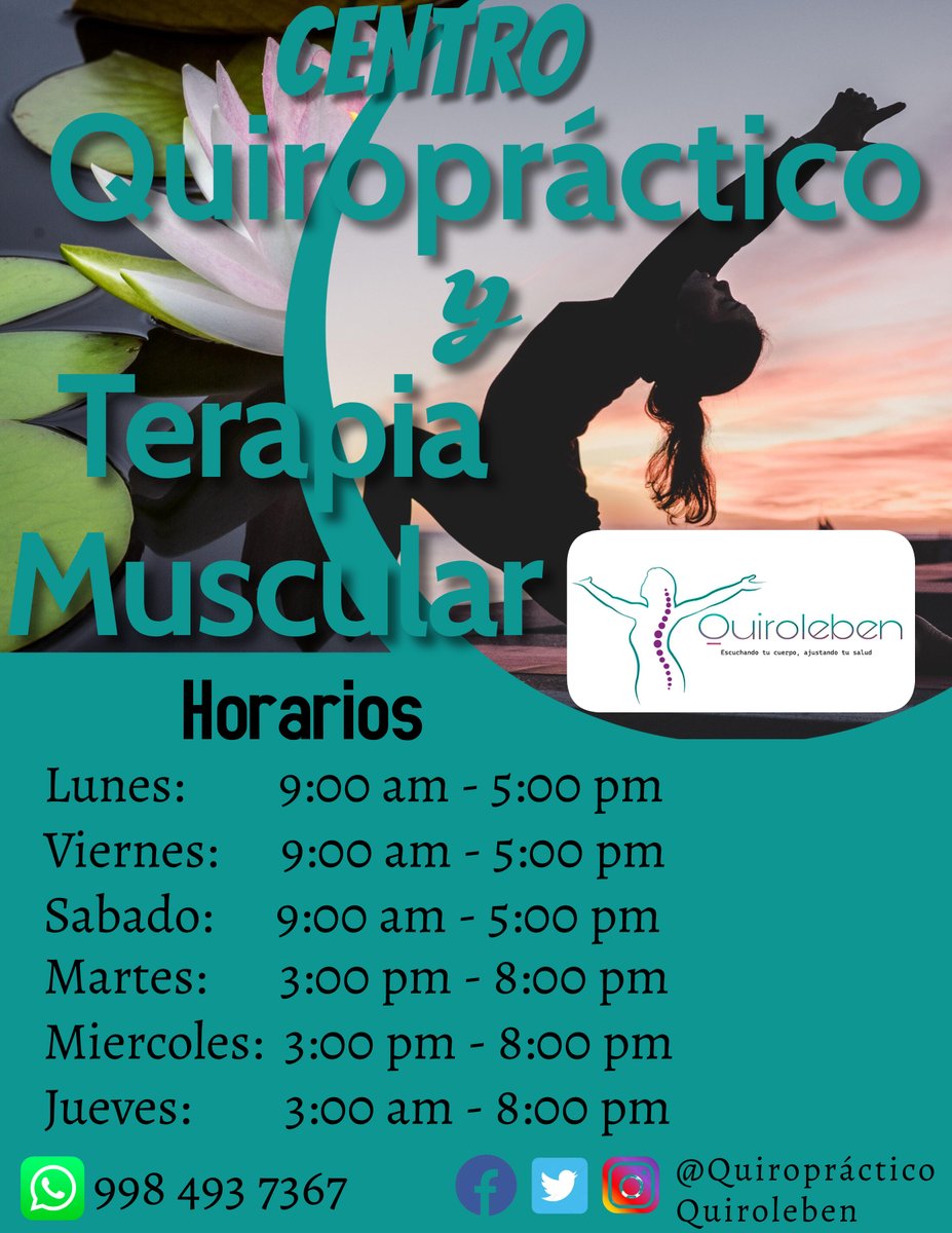 ✅¡No esperes más, programa tu cita hoy mismo y comienza a sentirte mejor!

#ajustequiropractico #quiroleben #masajesterapéuticos #Quiropráctico #salud #cancunmexico #profesionales #terapiamuscular