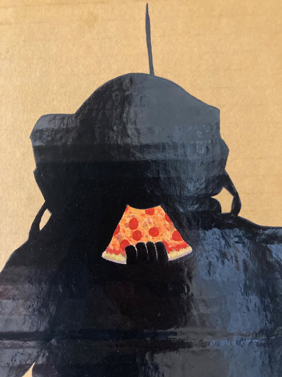 “Bartolomeo Astronaut' Acrylic on cardboard.  36.5 cm x 47 cm / 14.25' x 18.5'. Prints available. bmossman.com #cardboard #cardboardart #artoncardboard #art #painting #pizza #pepperoni #pizzaslice #slice #pepperonipizza #astronaut #astronautfood #bmossman #bradmossman